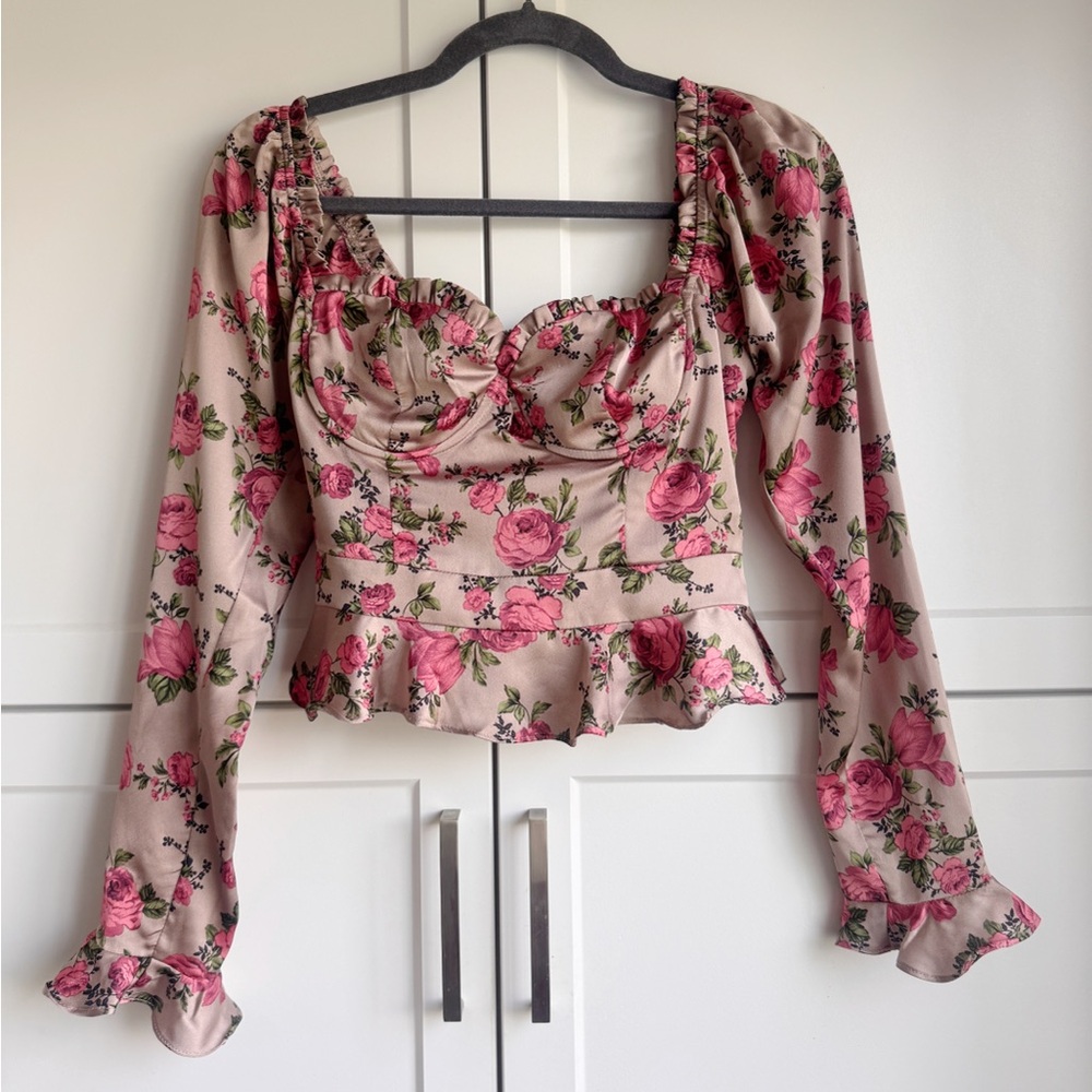 ASTR Floral Long Sleeve Ruffle Peplum Smocked Blouse Pink Roses Size S NWOT